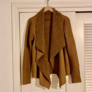 Camel vegan suede ribbed shearling lined cardigan